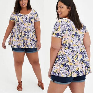Torrid Babydoll Floral Top Size 2X Scoop Neck Short Sleeve Cotton Modal Blend
